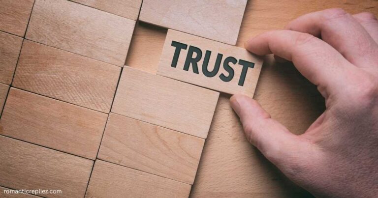 Hand placing a wooden block labeled "TRUST" into a wooden puzzle.