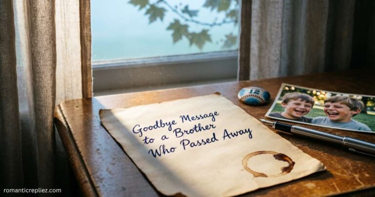 Handwritten farewell note beside a photo of two boys and keepsakes on a wooden table.