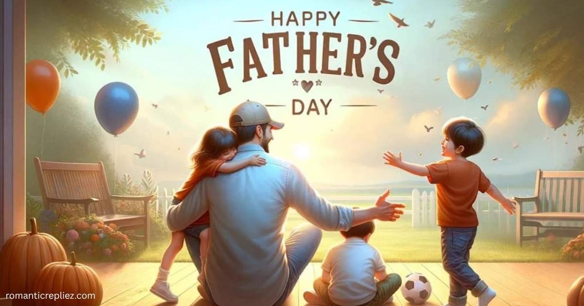 Father enjoying a joyful moment with his children under a “Happy Father’s Day” message.