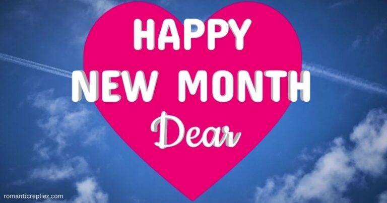 Pink heart with “Happy New Month Dear” on a blue sky background.