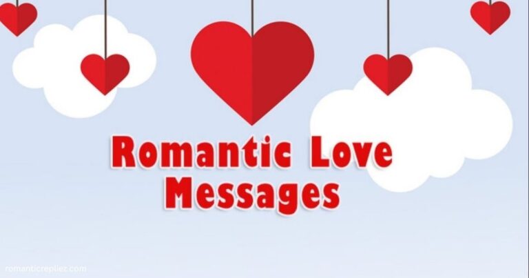 Red hearts hanging among clouds with the title “Romantic Love Messages.”