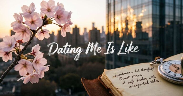 Cherry blossoms, a city sunset, and an open journal with the title “Dating Me Is Like.”