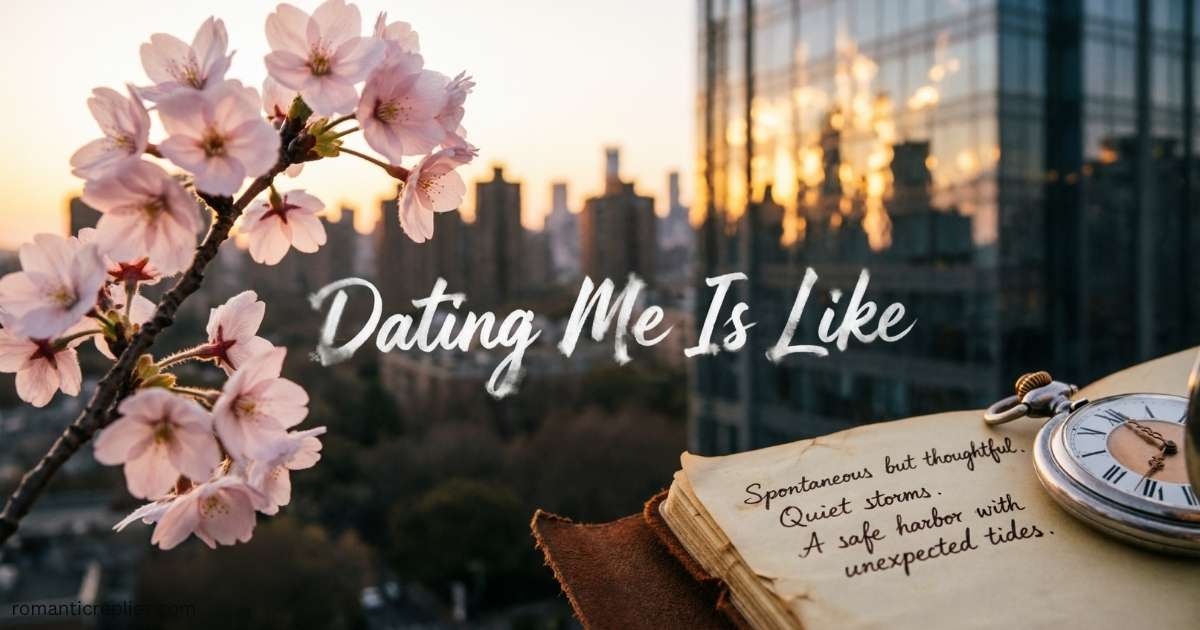 Cherry blossoms, a city sunset, and an open journal with the title “Dating Me Is Like.”