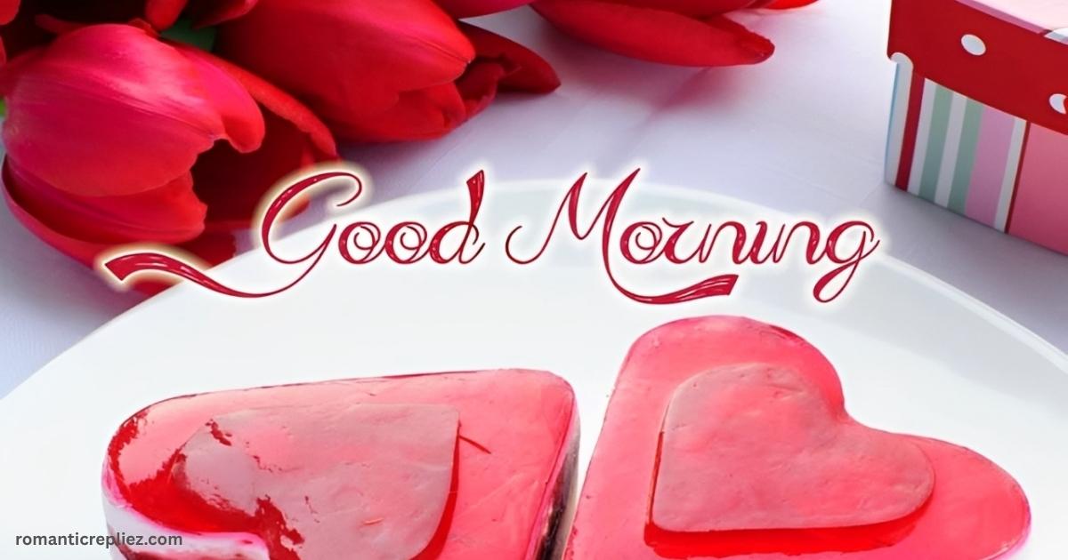 Romantic good morning image with red hearts, tulips, and a sweet love theme for her.