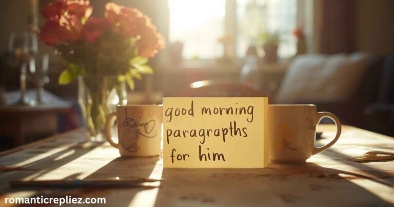 Cozy morning coffee scene with a note reading “good morning paragraphs for him.”