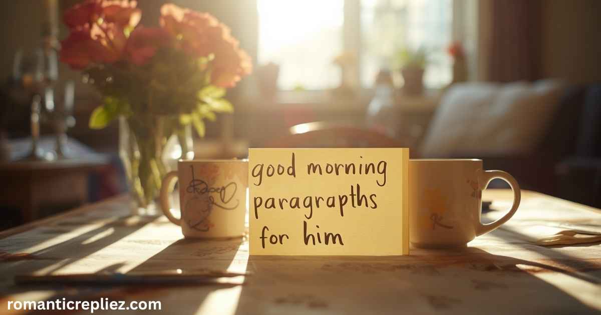 Cozy morning coffee scene with a note reading “good morning paragraphs for him.”