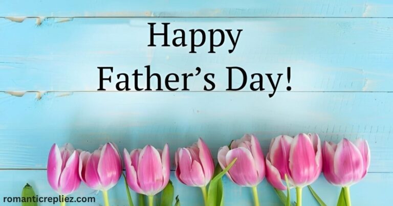 Pink tulips with a Happy Father's Day greeting on a blue background.