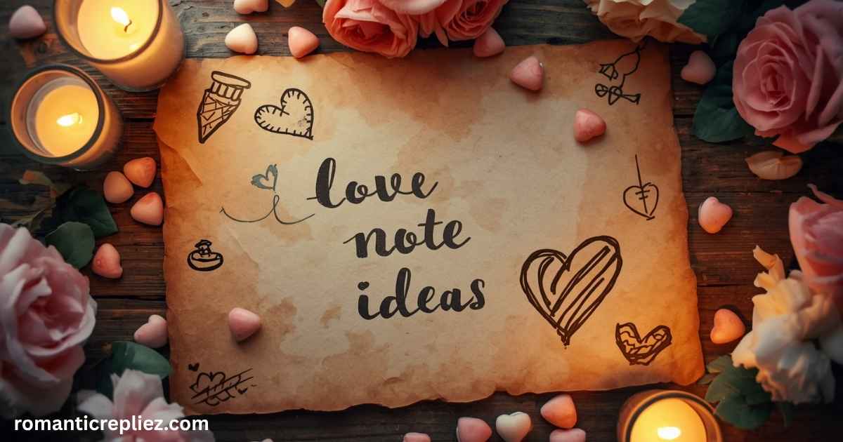 Vintage love note with roses, candles, and heart decorations.